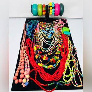Vintage & Modern Colorful Boho Ethnic Wood Necklace, Bracelet Jewelry Lot Of 21